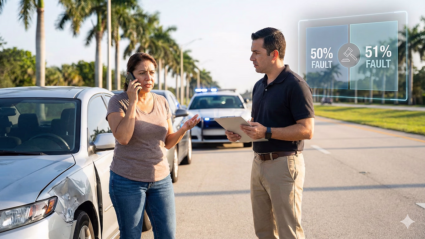 Conductor hispano discutiendo por teléfono tras un accidente en Florida, representando la disputa de culpa con la aseguradora bajo la nueva ley del 51%.