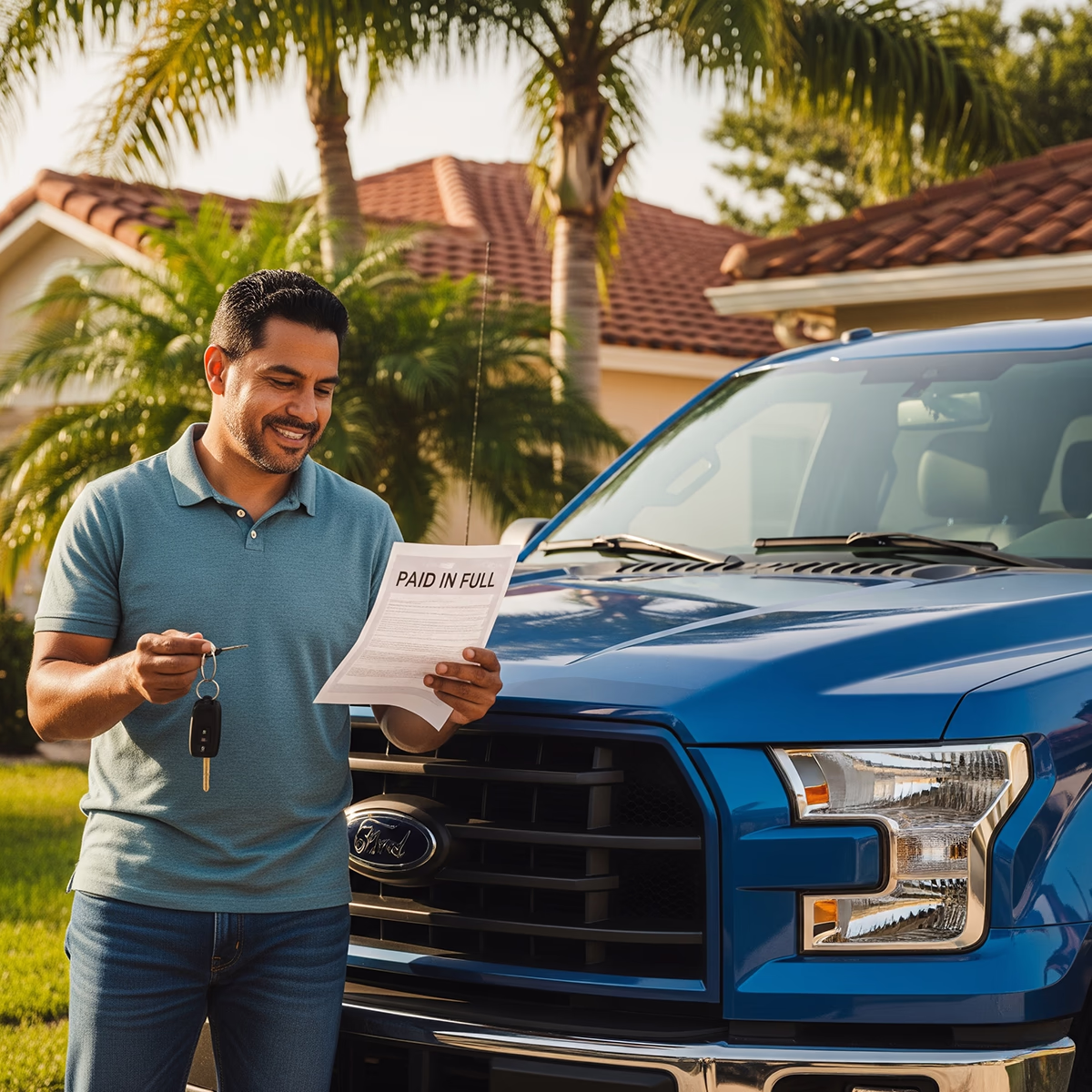 Hombre hispano feliz con su camioneta después de completar una Redención 722 en su bancarrota Capítulo 7 en Florida, eliminando deuda excesiva.