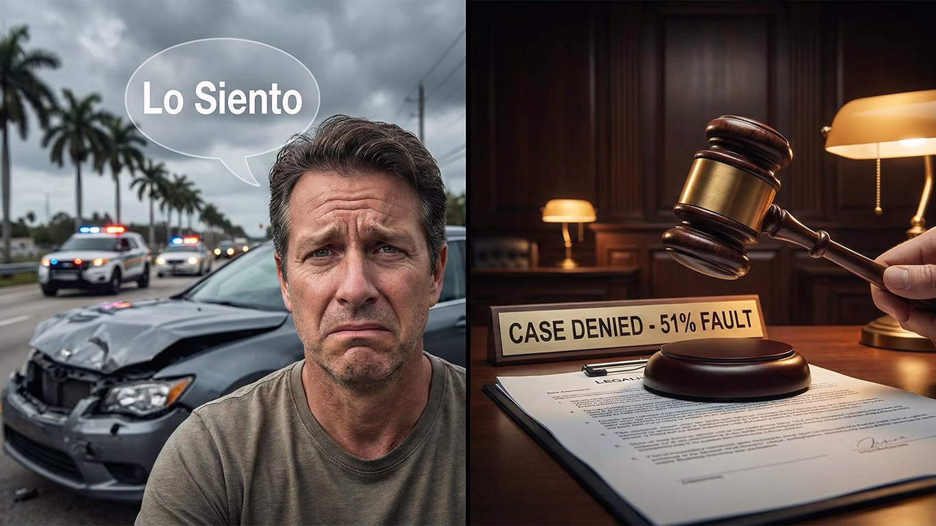 Ilustración de un conductor pidiendo perdón tras un accidente y un juez negando el caso, representando el peligro de la regla del 51% de culpa en Florida.