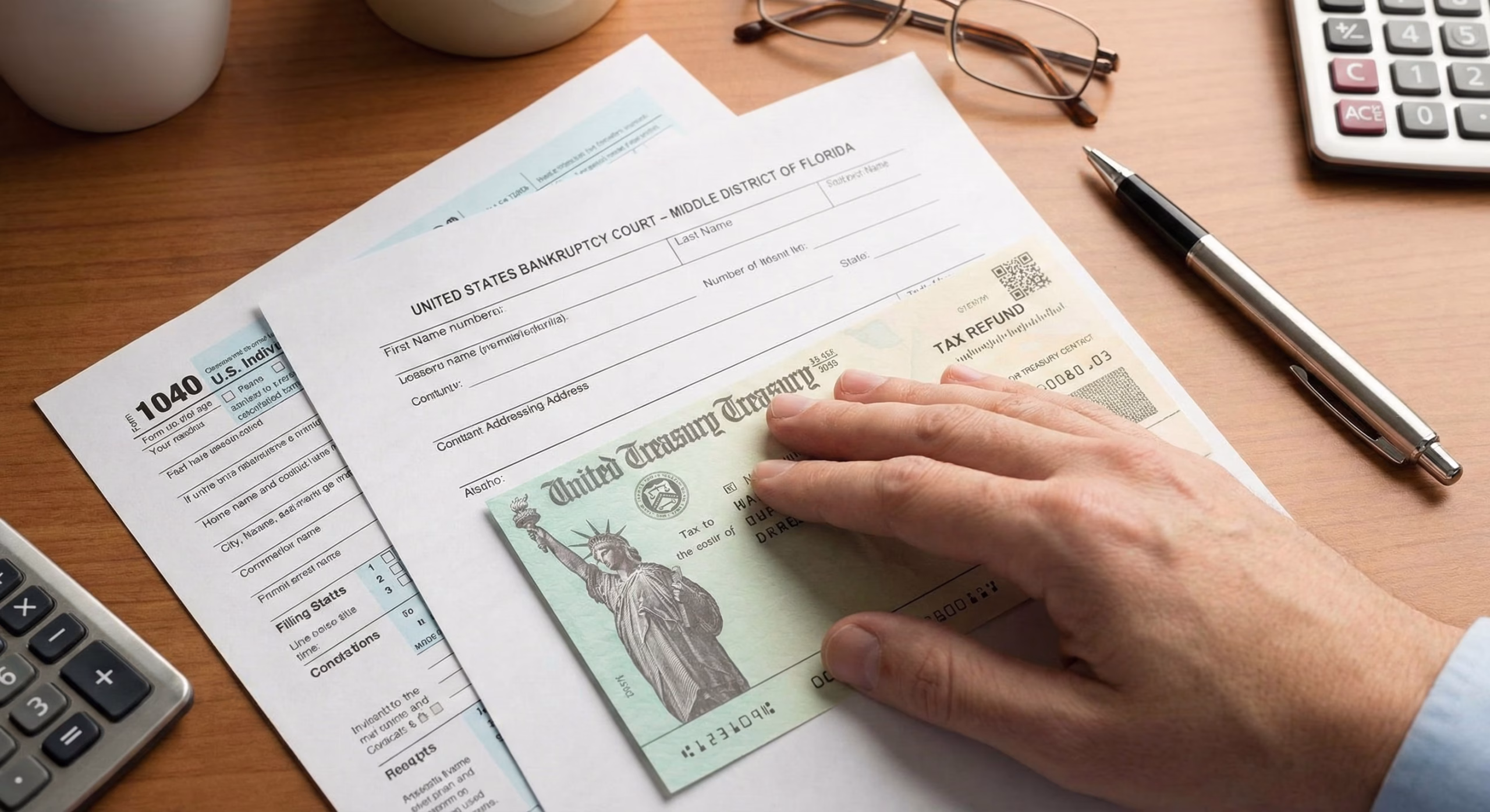 Formularios de impuestos del IRS y un cheque de reembolso protegidos legalmente durante una bancarrota en Florida.
