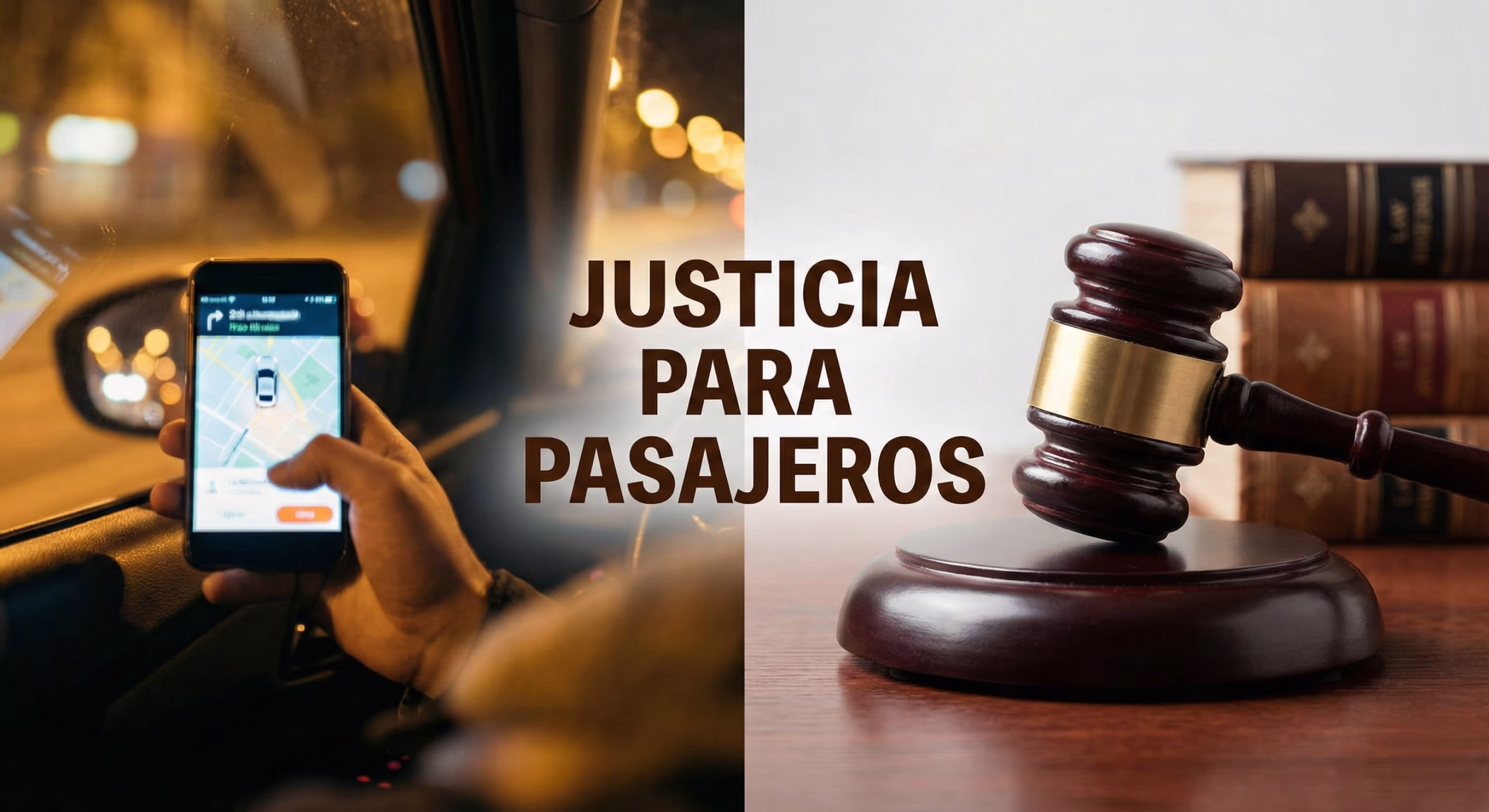 Imagen compuesta que muestra a un pasajero usando una app de rideshare de noche a la izquierda, y un mazo de juez golpeando un bloque a la derecha, con el texto superpuesto "JUSTICIA PARA PASAJEROS", ilustrando la responsabilidad legal de Uber en casos de agresión.