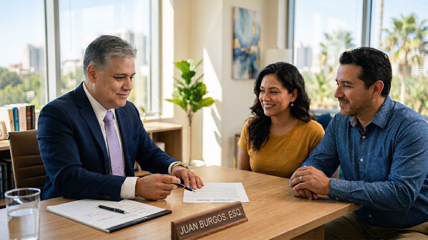 Abogado Juan Burgos explicando costos de bancarrota a una familia hispana en su oficina de Kissimmee, Florida