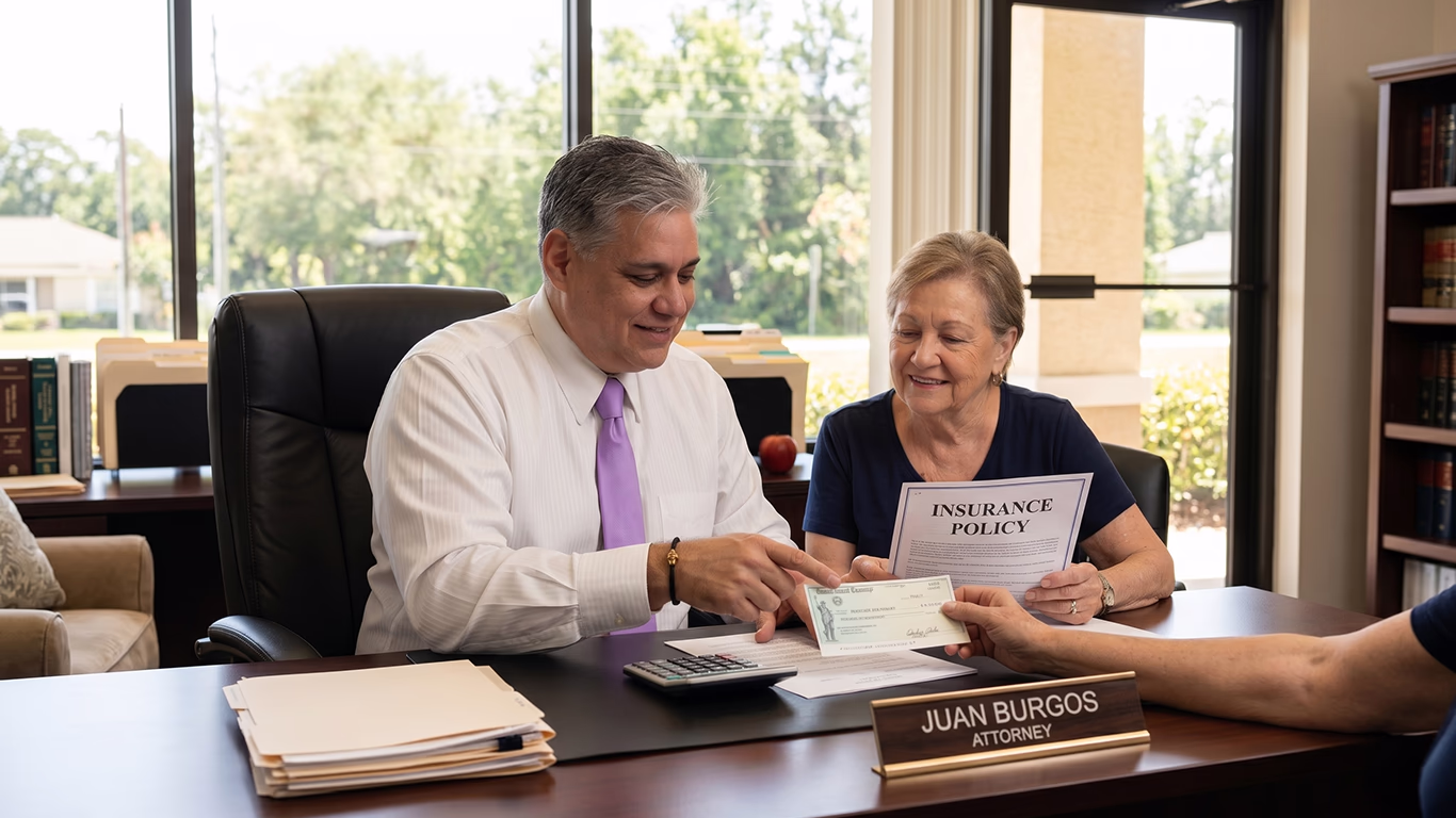 Abogado hispano en Florida explicando a un cliente el pago del seguro y la compensación financiera tras un accidente de auto.
