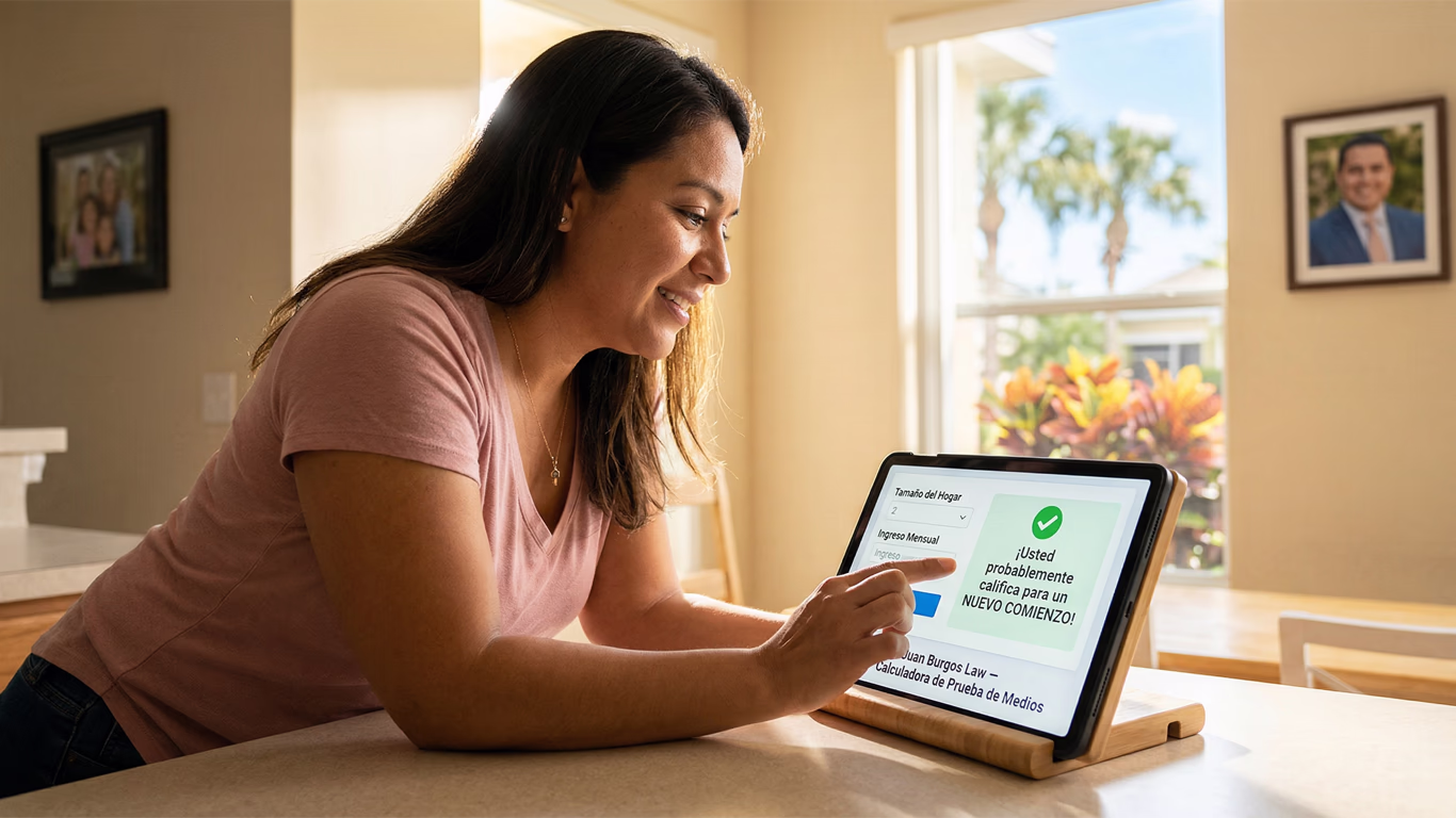 Pareja hispana en Kissimmee aliviada al revisar sus finanzas tras confirmar que califican para la bancarrota Capítulo 7 en Florida a pesar de tener empleo.