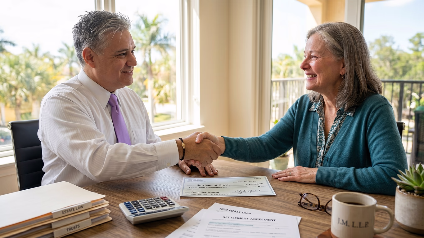 Cliente hispano estrechando la mano de su abogado en Florida tras ganar un caso de accidente, ilustrando el pago de honorarios a través del acuerdo final.