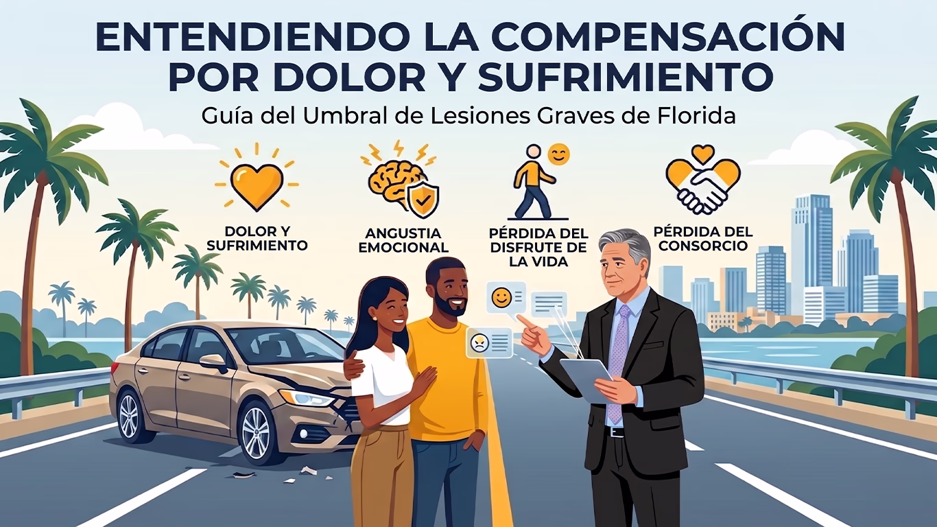 ¿Puedes Demandar por Dolor y Sufrimiento en Florida? Guía de Infografía Legal Infografía legal en español que muestra los daños económicos y no económicos tras un accidente de auto en Florida, incluyendo iconos de facturas médicas, parálisis, trauma emocional y un abogado asesorando a una pareja.