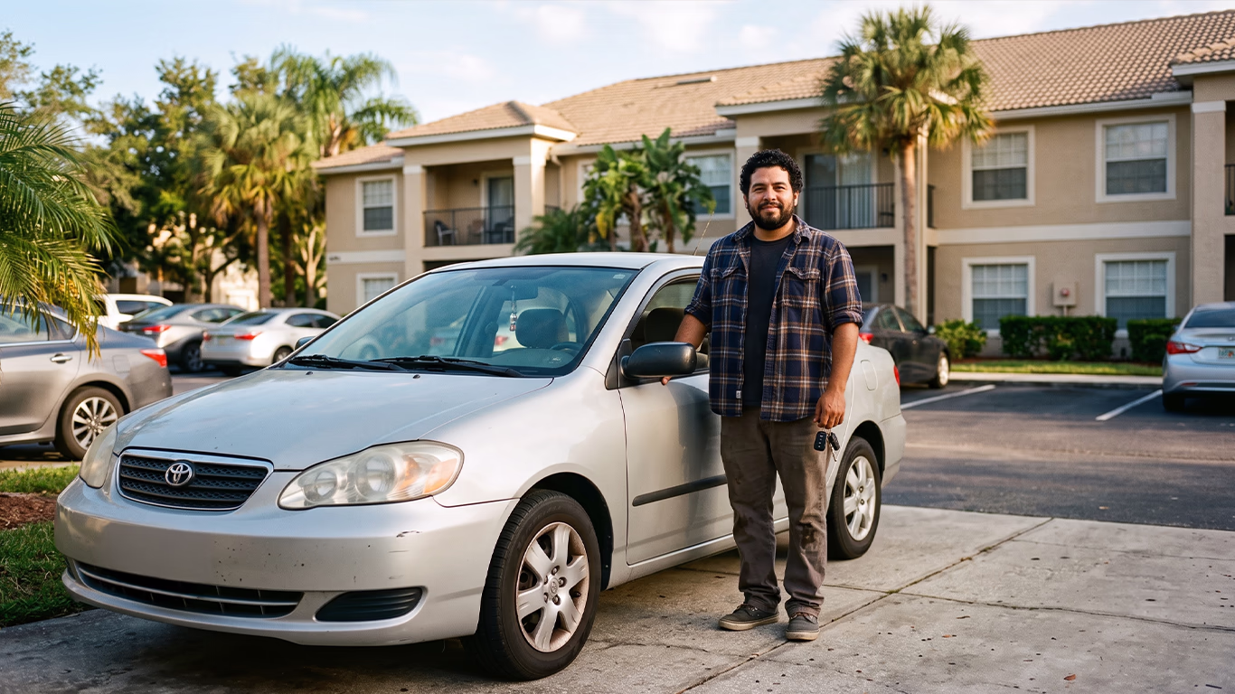 Pierdo mi Carro en Bancarrota Hombre hispano junto a su carro en Florida, tranquilo