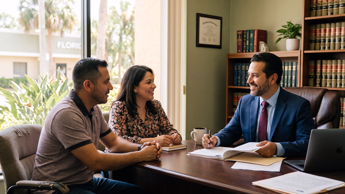 Abogado de bancarrota reunido en persona con una familia hispana en su oficina de Orlando, Florida