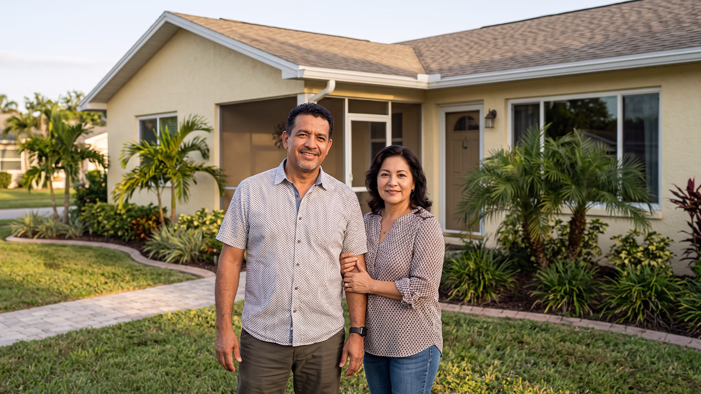 Pareja hispana en Florida frente a su casa después de conocer las exenciones de bancarrota que protegen sus bienes