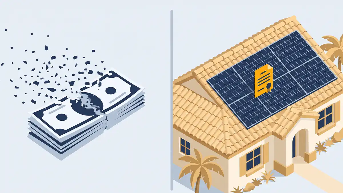 Ilustración que contrasta la deuda condonada con un embargo de paneles solares que sobrevive a la bancarrota en una casa de Florida.