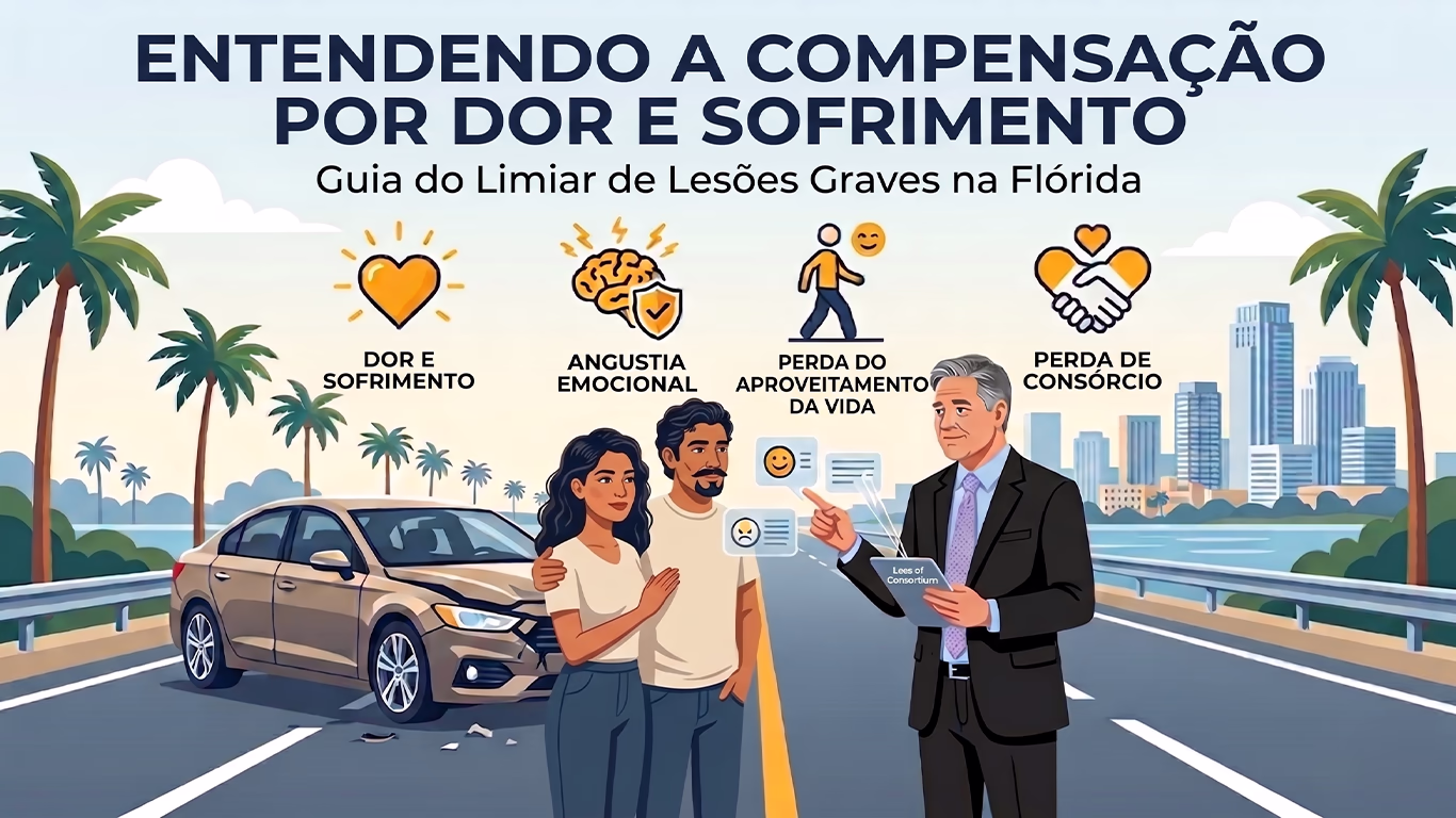 Infográfico ilustrando o conceito de um 'iceberg financeiro' em acidentes de carro na Flórida, onde a apólice do motorista culpado é apenas a ponta visível, enquanto coberturas ocultas como UM/UIM e seguros comerciais formam uma base muito maior abaixo da superfície.