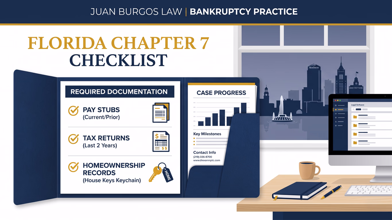 Comprehensive document checklist illustration for filing Chapter 7 bankruptcy in the U.S. Bankruptcy Court for the Middle District of Florida.