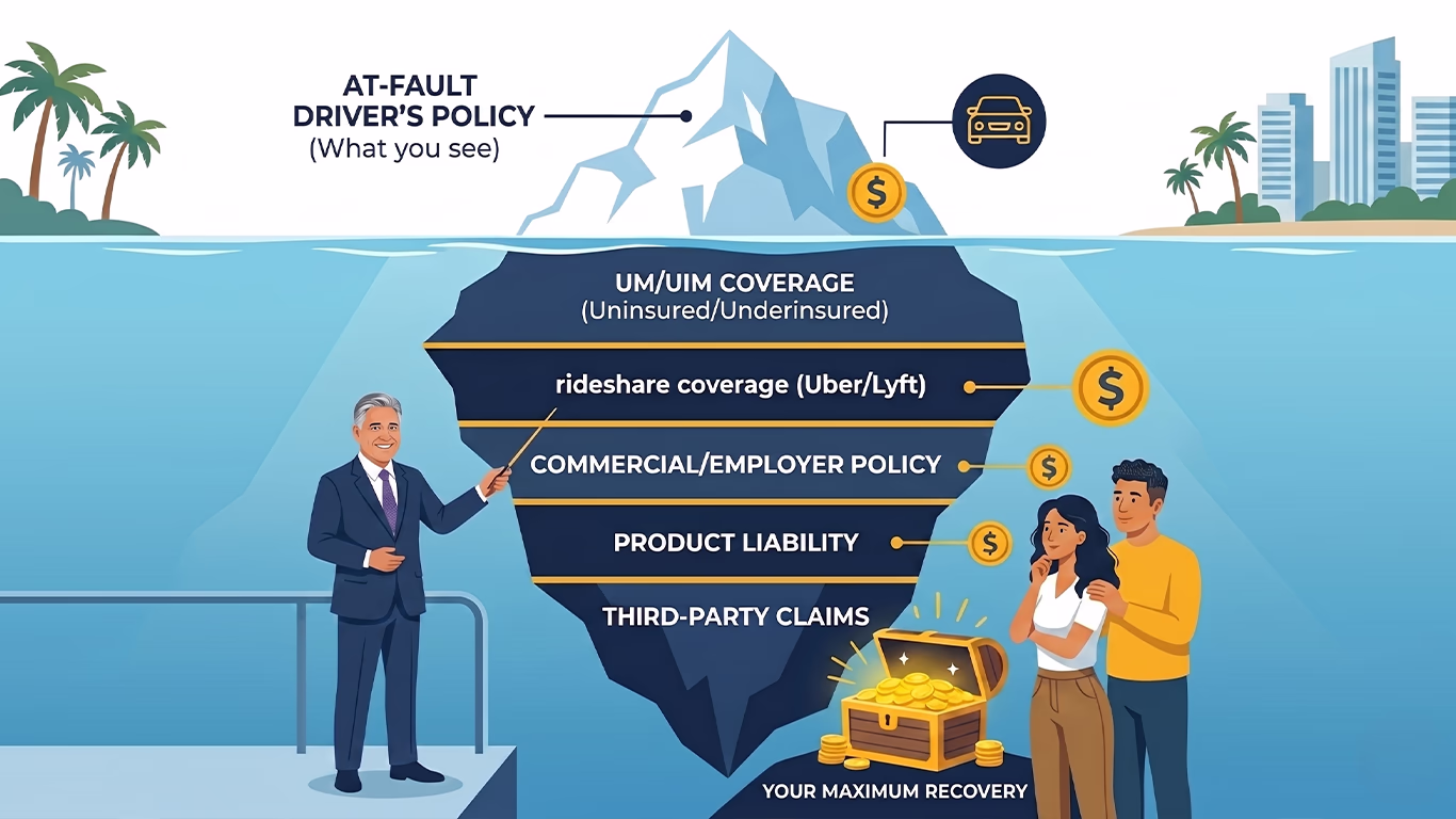A "money iceberg" infographic for Florida car accidents showing the at-fault driver's policy above water and hidden sources like UM/UIM, commercial policies, and rideshare coverage below the surface.
