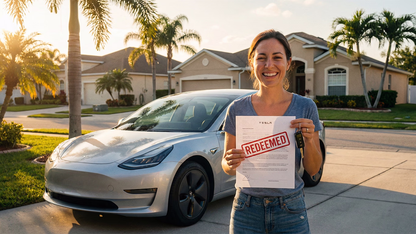 Person holding car keys and redeemed loan document after Chapter 7 bankruptcy in Florida, standing next to vehicle.