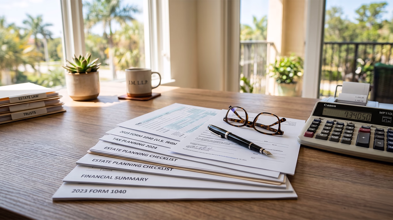 Organized financial documents and tax forms on a desk, representing the evaluation of non-dischargeable debts in a Florida bankruptcy case.