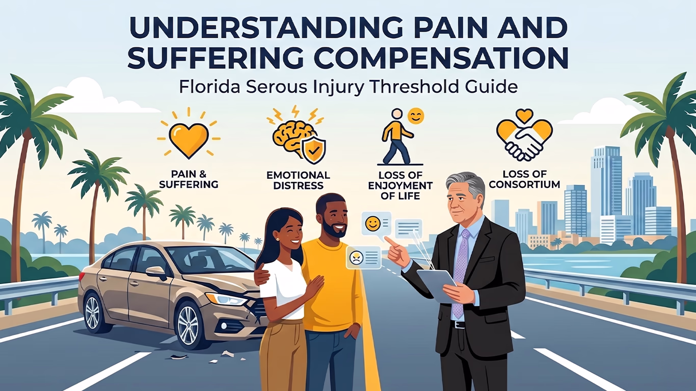 A legal infographic showing icons for pain & suffering, emotional distress, loss of enjoyment of life, and loss of consortium, along with a damaged car and an attorney advising clients in a sunny Florida city.
