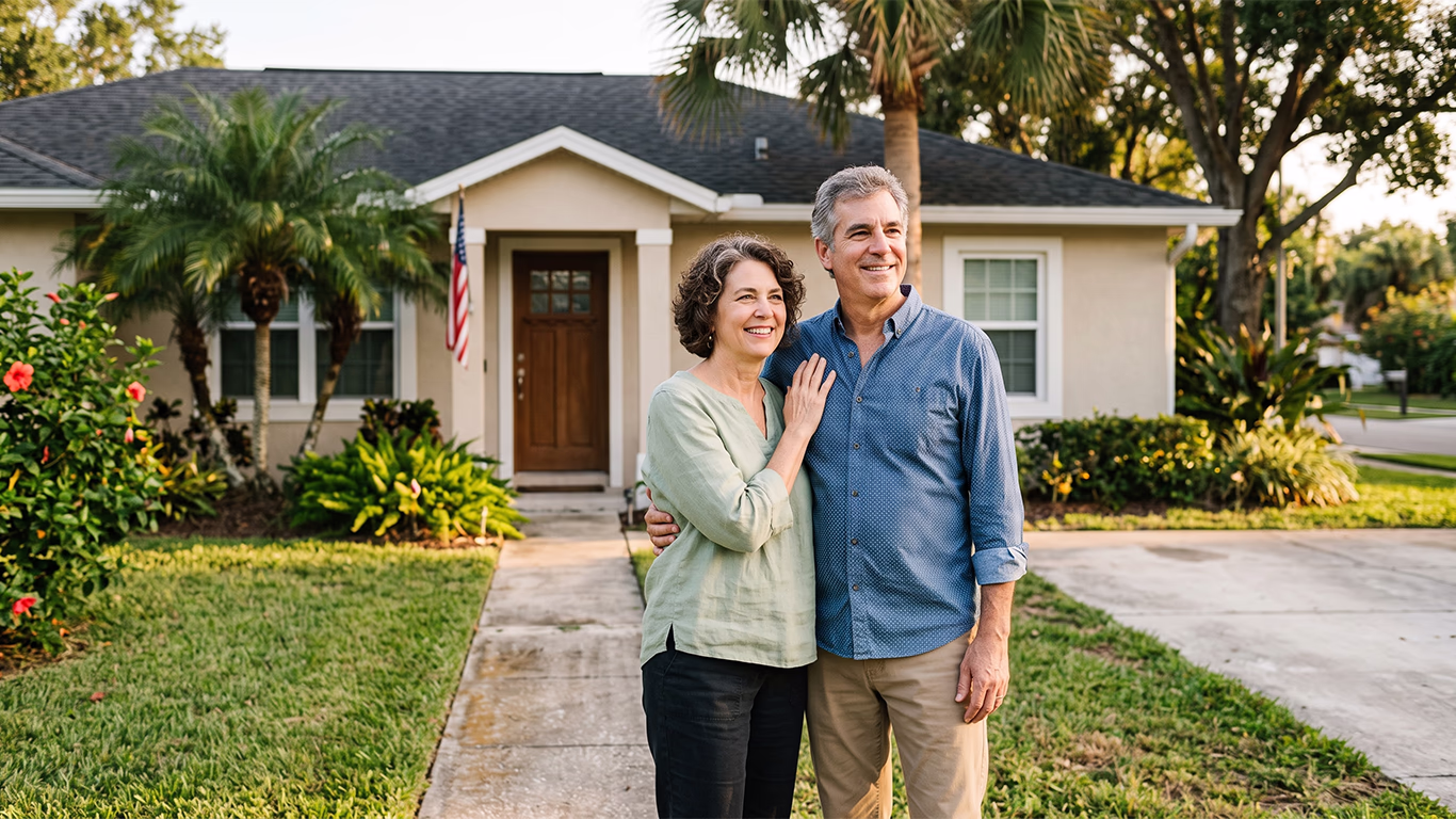 Florida couple standing outside their home after learning which assets are protected under Florida bankruptcy exemptions