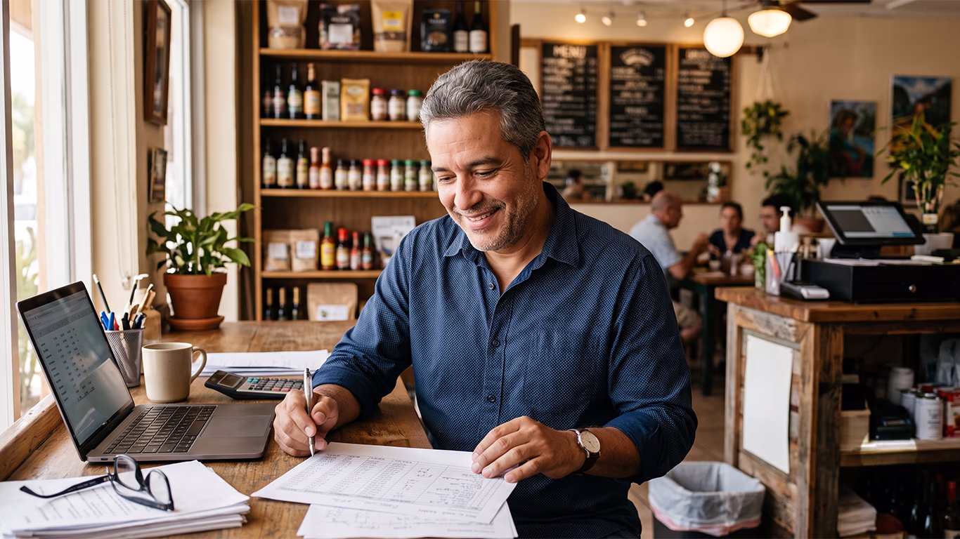Florida small business owner reviewing financial paperwork while considering Subchapter V bankruptcy reorganization