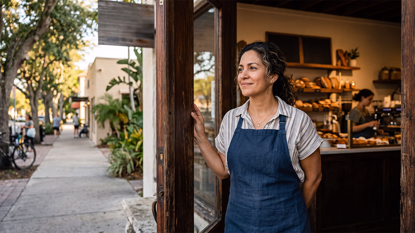 Florida business owner considering whether bankruptcy will close their business Florida small business owner standing in their shop doorway weighing whether bankruptcy will shut down the business