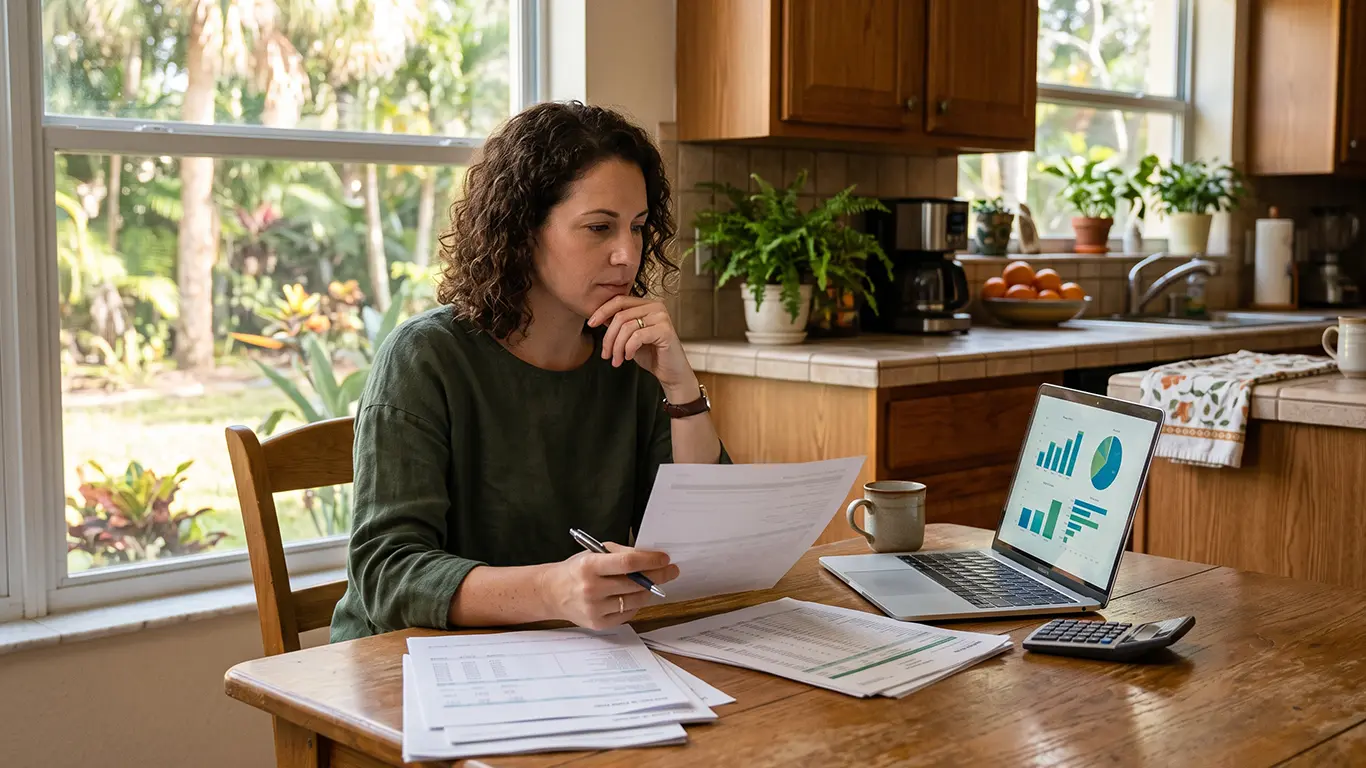 Florida resident reviewing paperwork while deciding between Chapter 7 and Chapter 13 bankruptcy