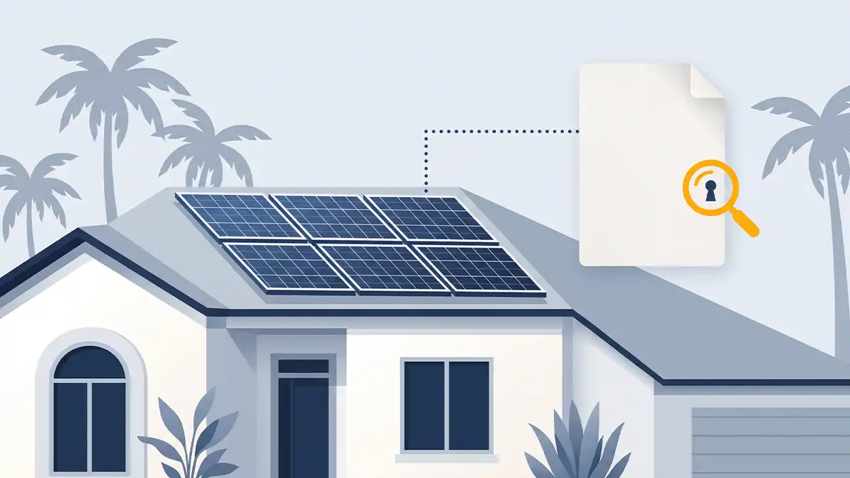 Illustration contrasting discharged debt paperwork with a solar panel lien that survives bankruptcy on a Florida home.