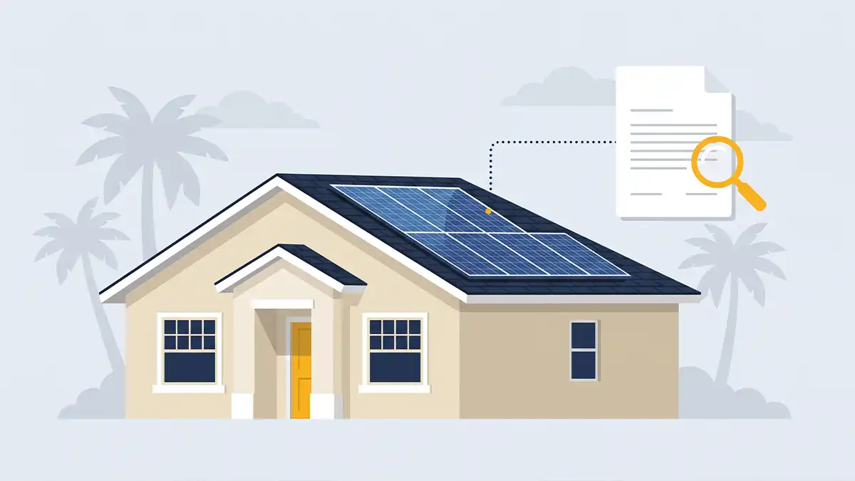 Illustration of a solar panel financing contract being reviewed alongside a rooftop solar array on a Florida home.