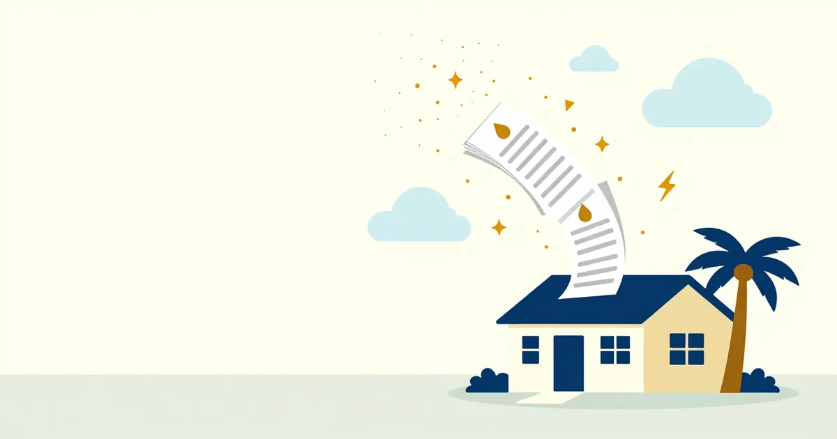 Chapter 7 bankruptcy and utility debt in Orlando, Florida A small Florida house with a navy roof under a light sky, a stack of utility bills lifting off the roof in gold sparks